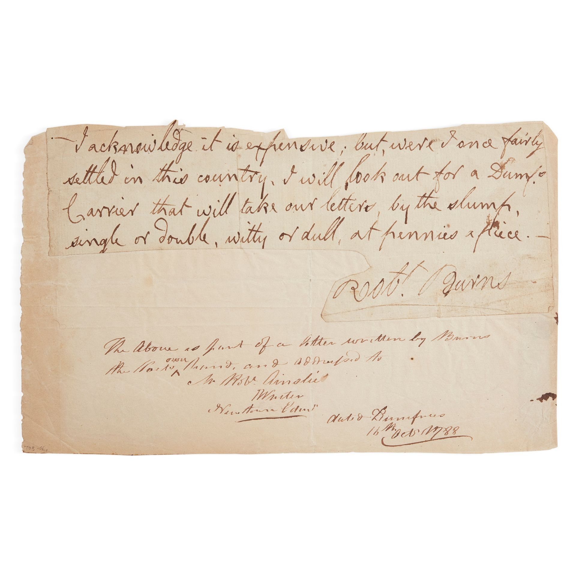 Burns, Robert Portion of an Autograph letter signed ("Robt. Burns")