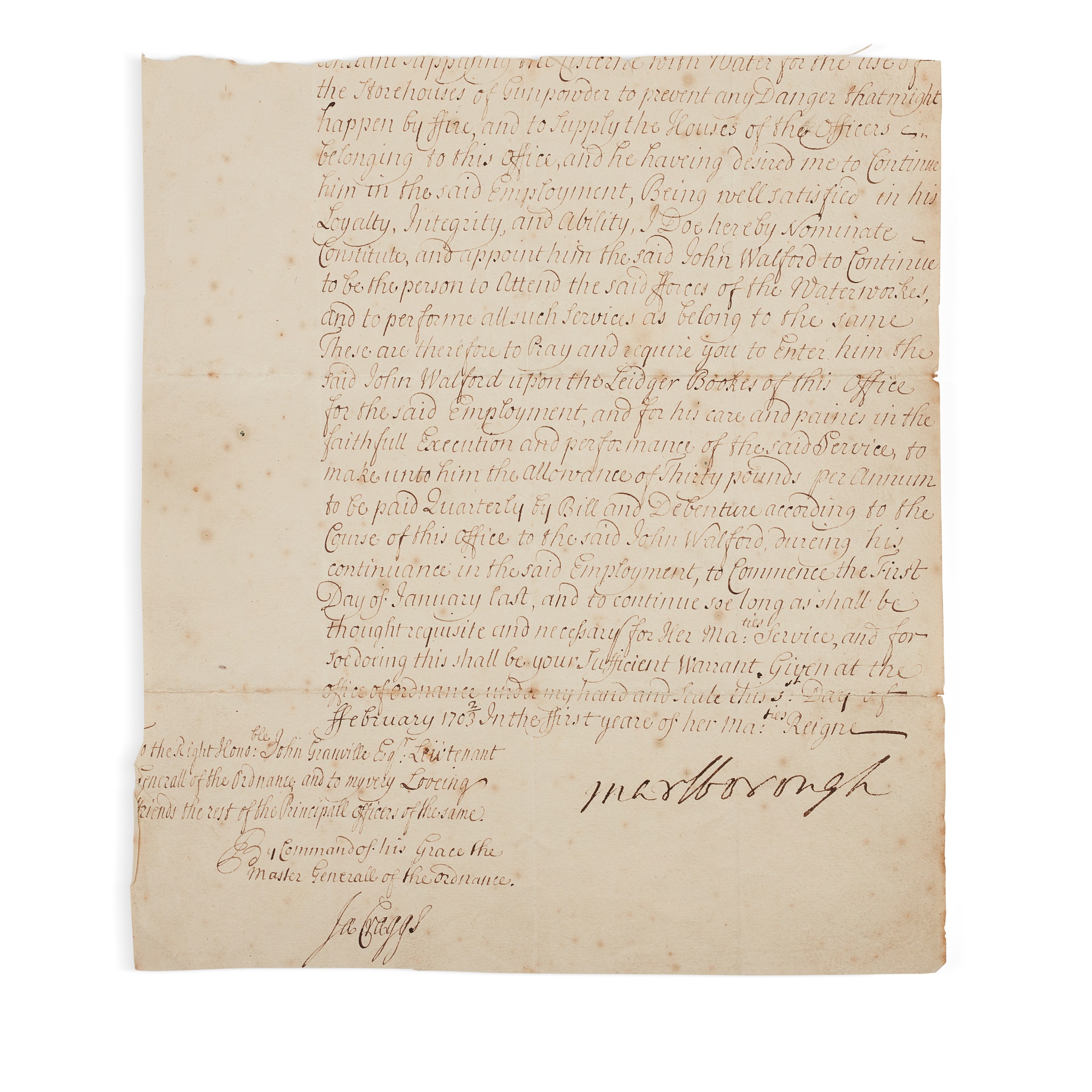 Marlborough, John Churchill, First Duke of Document signed ("Marlborough"), Office of Ordnance