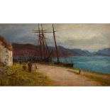 JOSEPH FARQUHARSON R.A. (SCOTTISH 1846-1935) HARBOUR QUAY AT DUSK