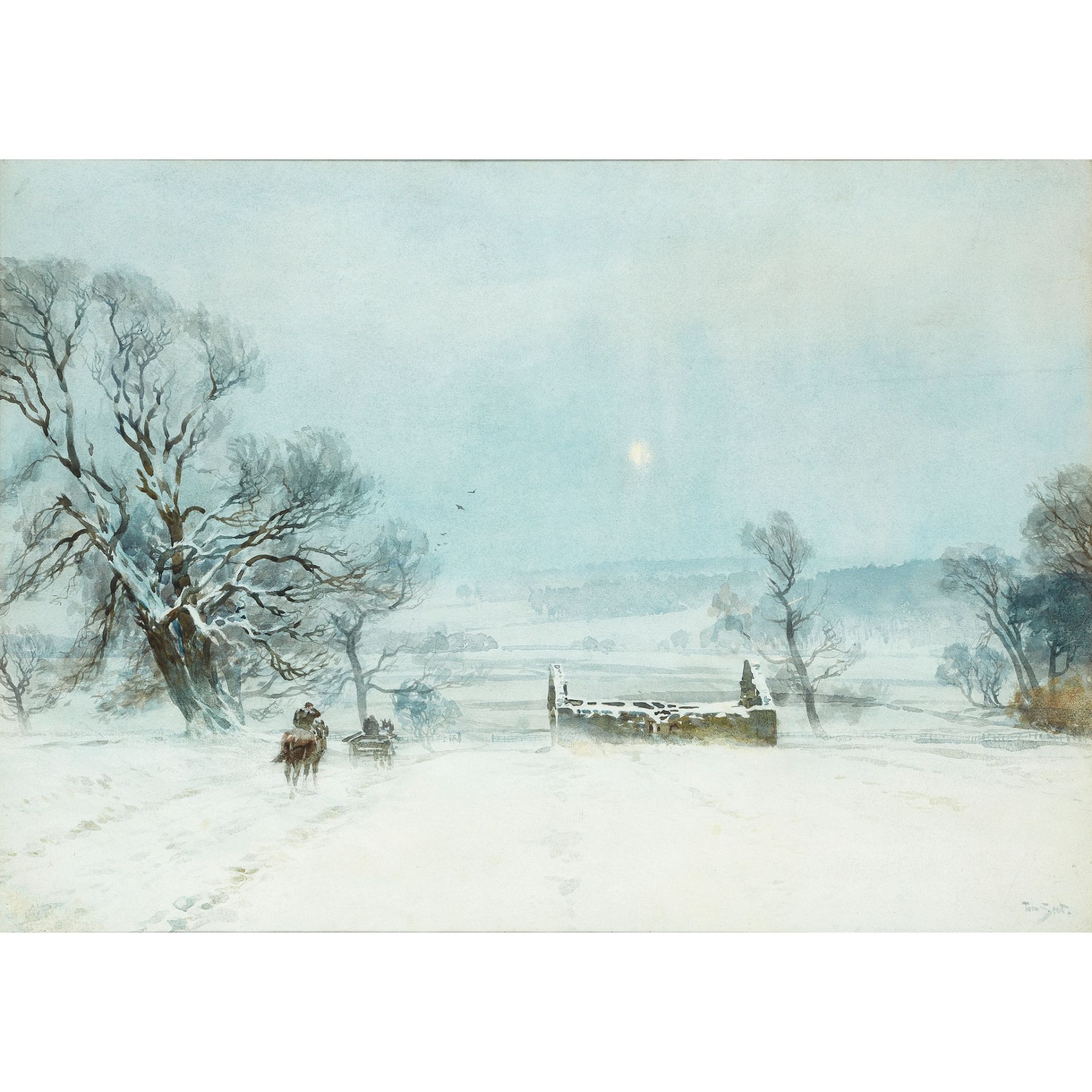 TOM SCOTT R.S.A., R.S.W (SCOTTISH 1859-1927) SNOW STORM IN THE HAINING, SELKIRK
