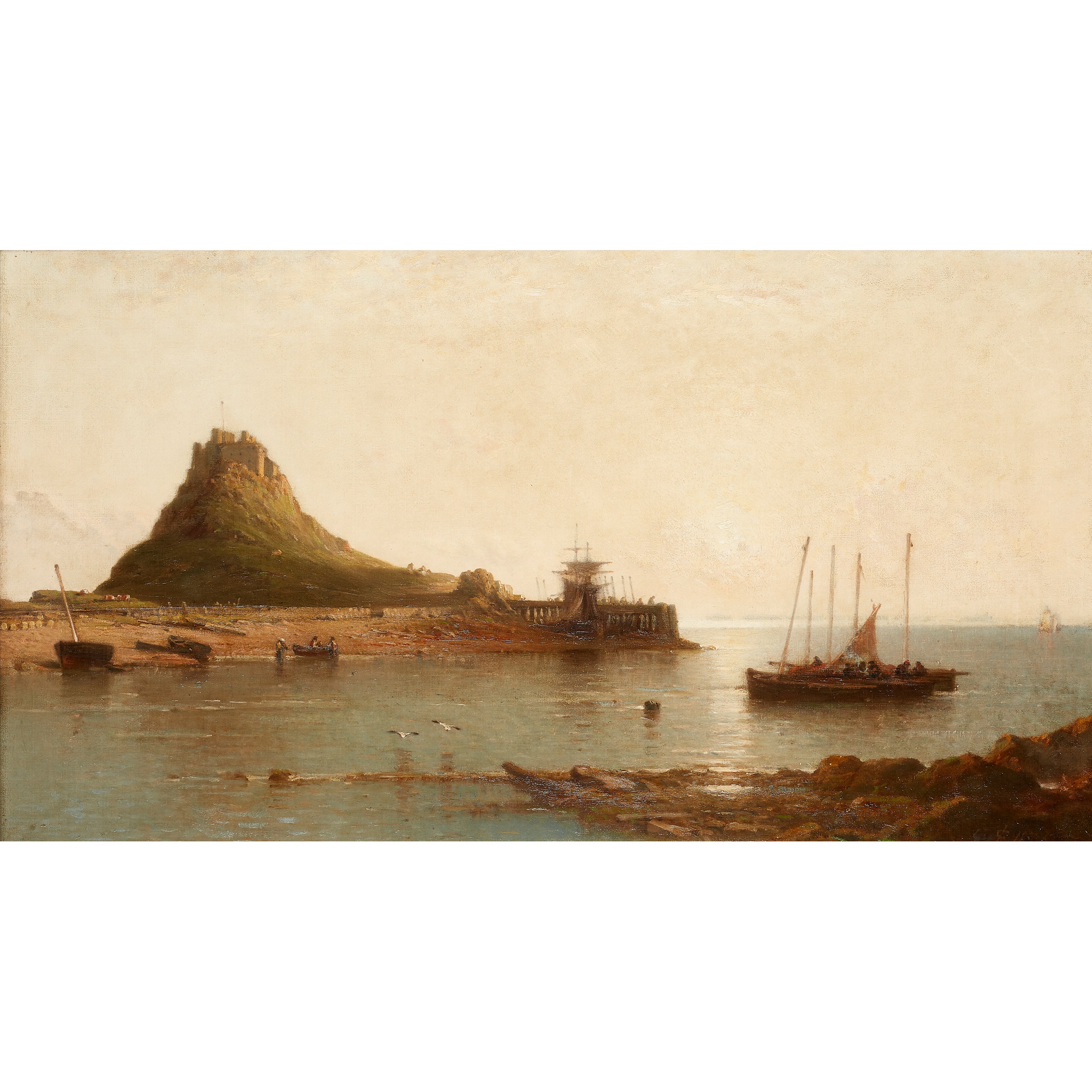 JAMES CASSIE R.S.A., R.S.W. (SCOTTISH 1819-1879) HOLY ISLAND CASTLE AND SUNRISE