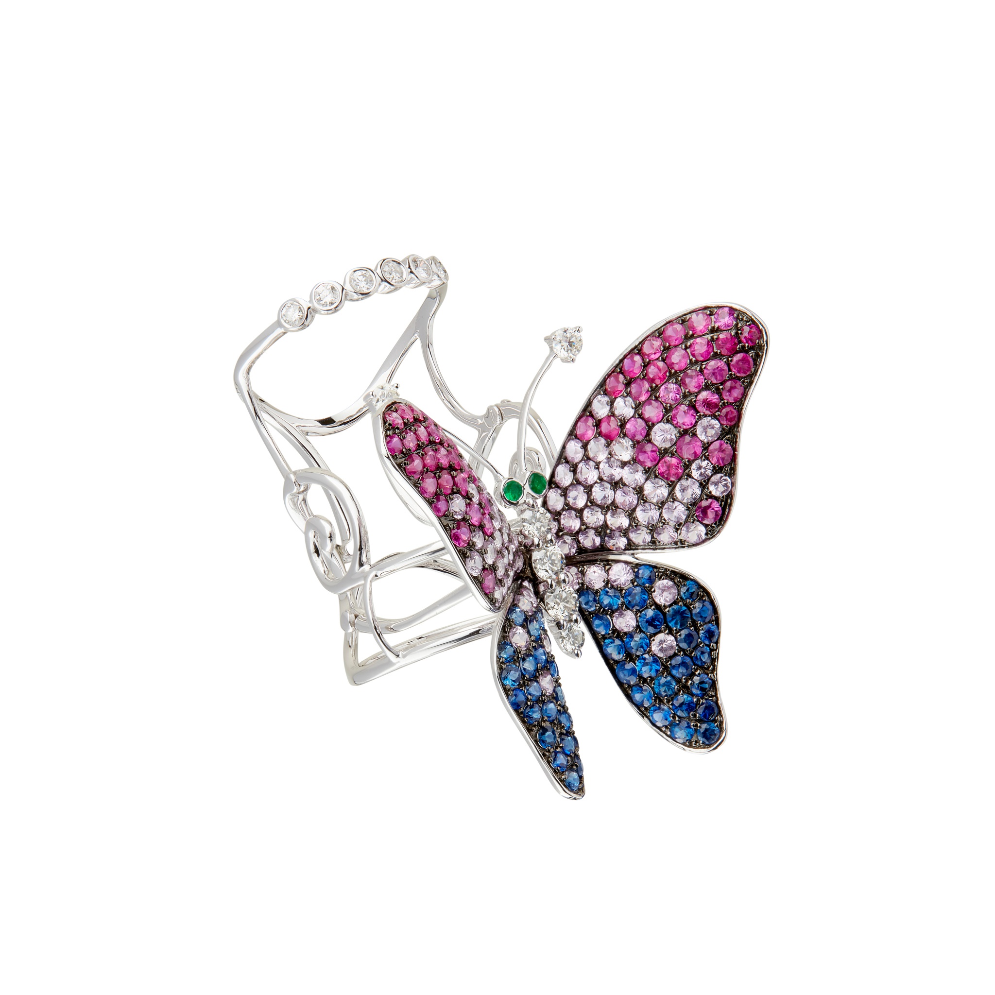 A multi-gem set butterfly ring