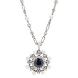 A sapphire, pearl and diamond set pendant necklace