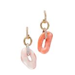 Y A pair of diamond and coral set pendant earrings