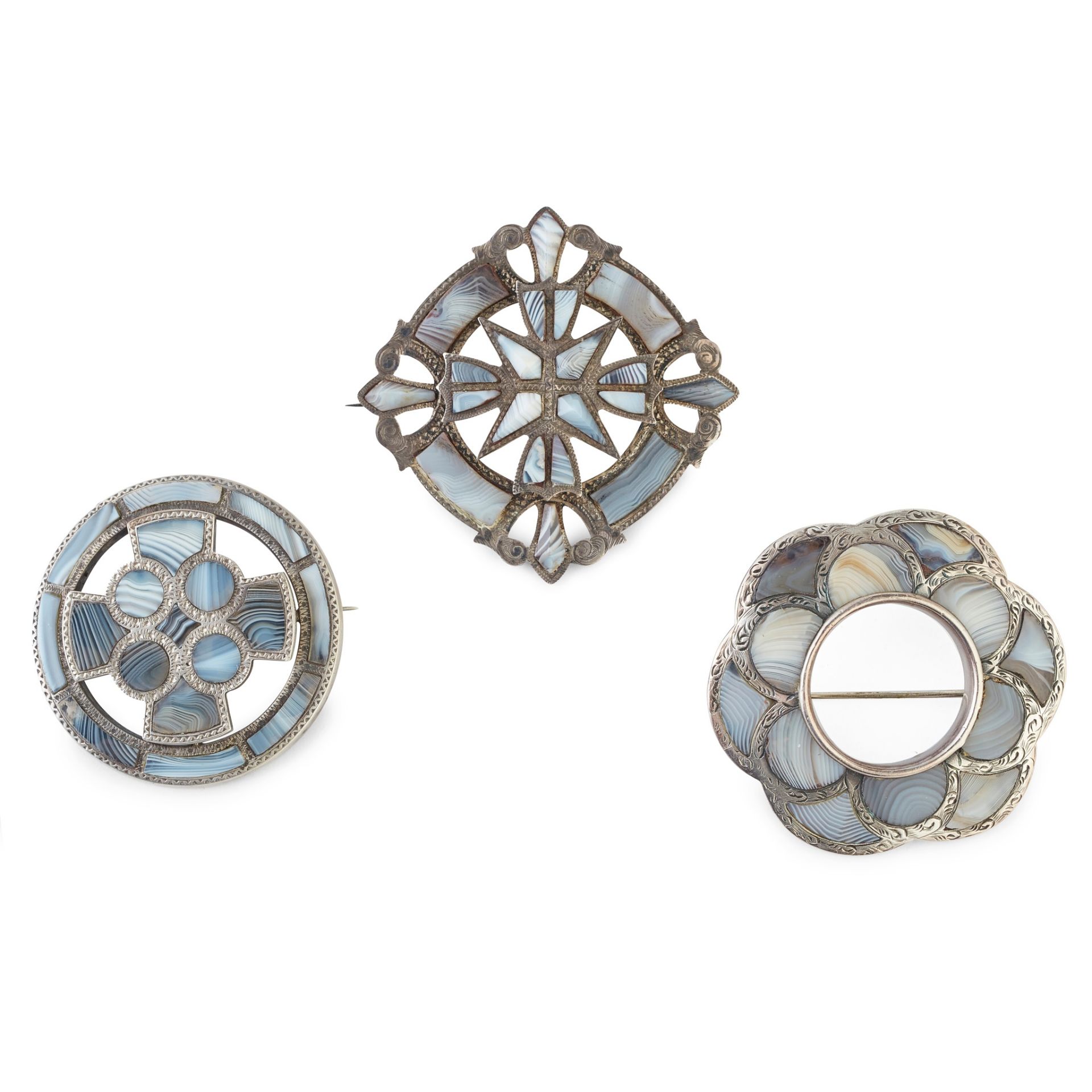 THREE AGATE SET BROOCHES