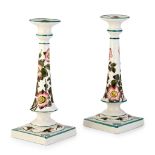 A PAIR OF WEMYSS WARE TALL SQUARE CANDLESTICKS 'DOG ROSES' PATTERN, CIRCA 1900