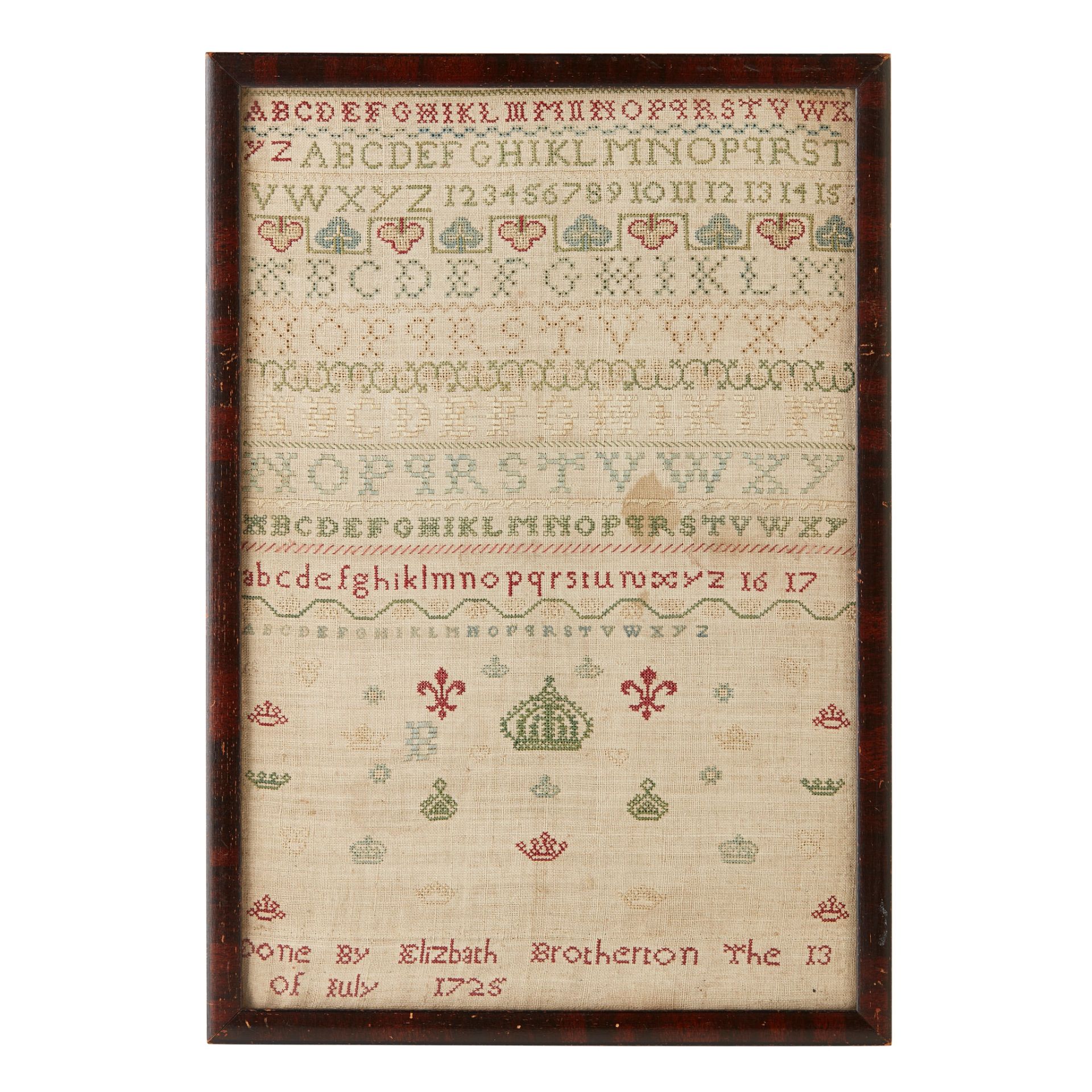 A NEEDLEWORK SAMPLER DATED 1725