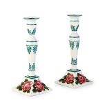 A PAIR OF WEMYSS WARE 'ANTIQUE' TALL CANDLESTICKS 'CABBAGE ROSES PATTERN', CIRCA 1900