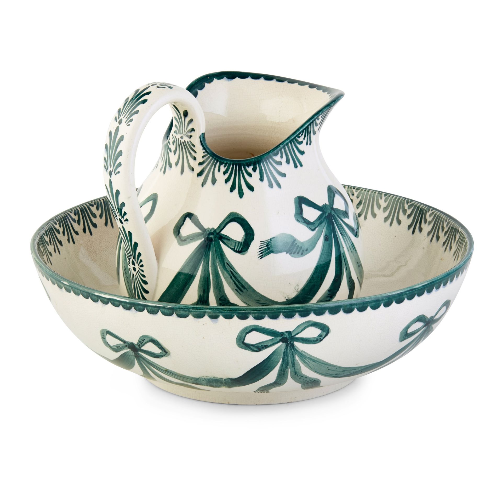 A WEMYSS WARE EWER AND BASIN ‘GREEN RIBBONS’ PATTERN, CIRCA 1900