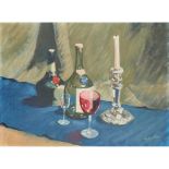 § ALEXANDER GOUDIE (SCOTTISH 1933-2004) STILL-LIFE: WINE AND CANDLESTICK