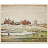 § LAURENCE STEPHEN LOWRY R.A. (BRITISH 1887-1976) LANDSCAPE WITH FARM BUILDINGS