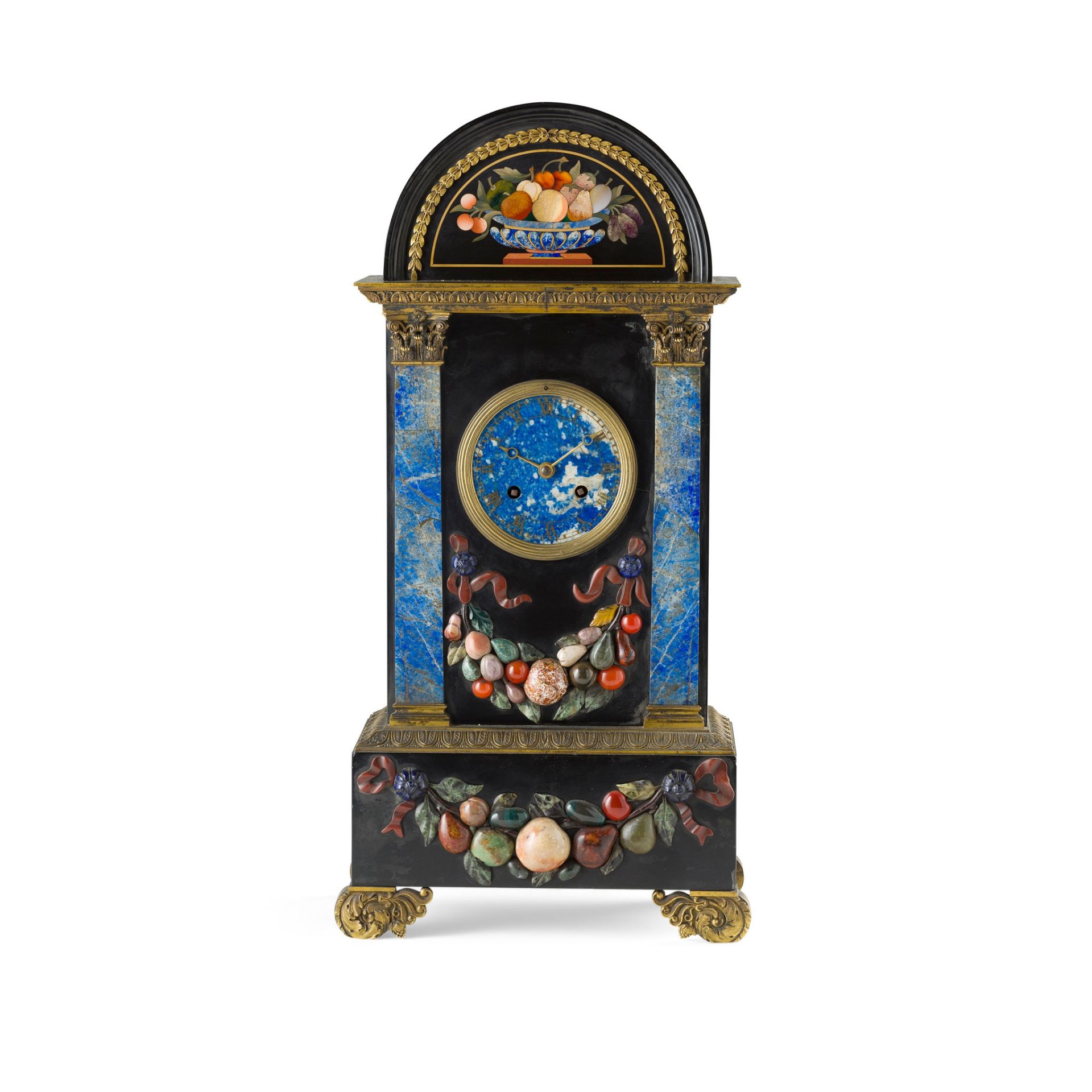 FRENCH FLORENTINE MARBLE AND PIETRA DURA MANTEL CLOCK, BY HUNZIKER, PARIS EARLY 19TH CENTURY - Image 2 of 3