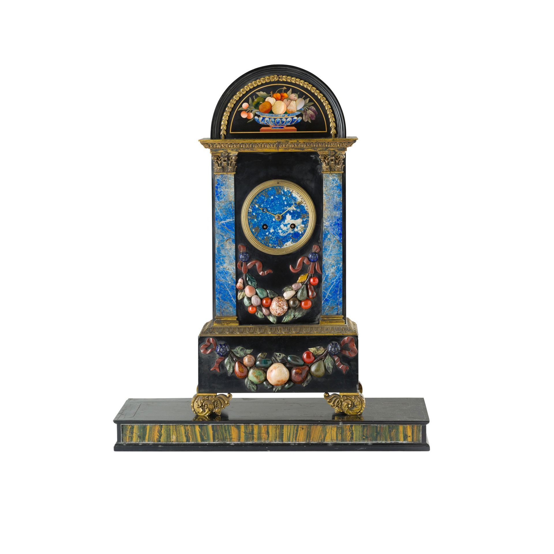 FRENCH FLORENTINE MARBLE AND PIETRA DURA MANTEL CLOCK, BY HUNZIKER, PARIS EARLY 19TH CENTURY