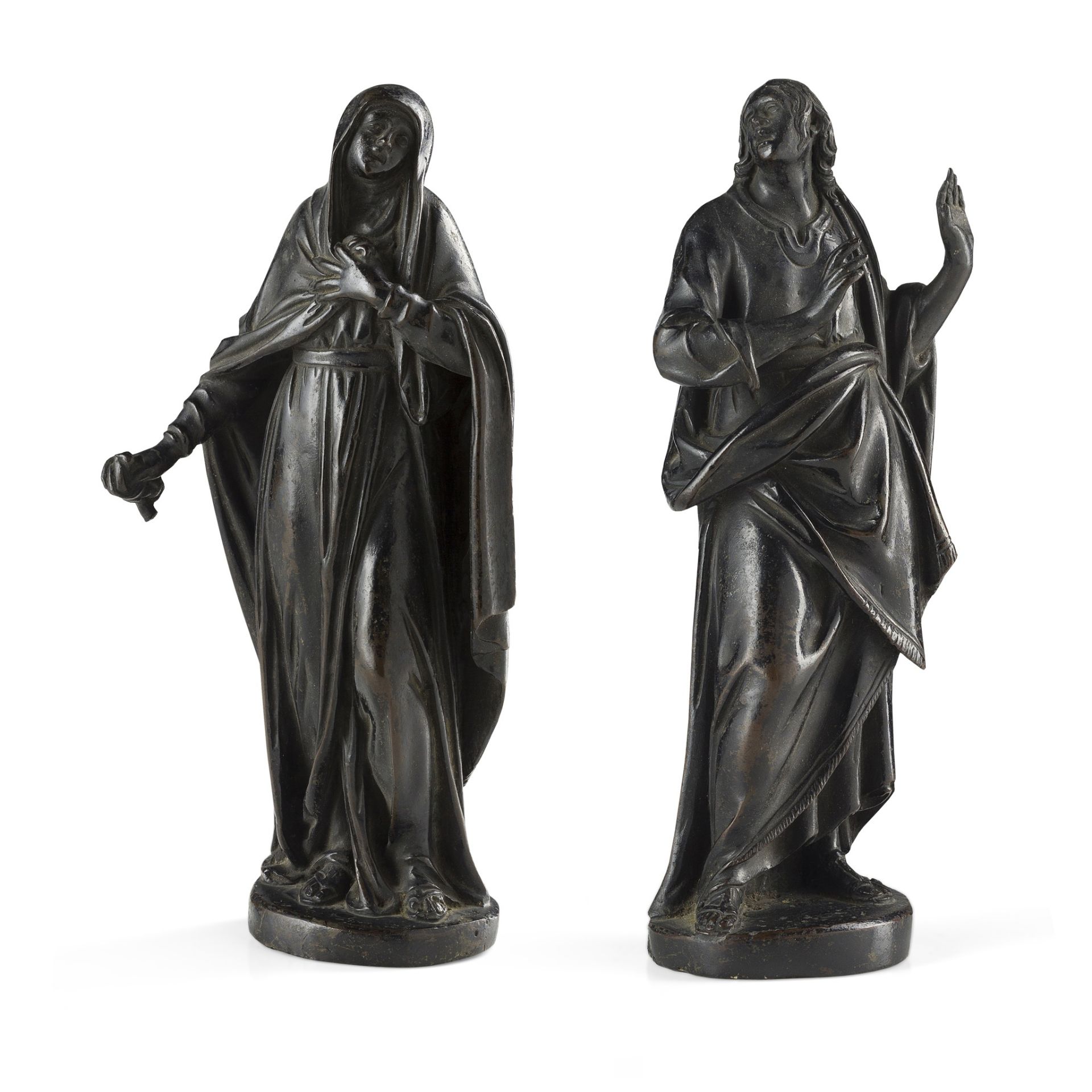 PAIR OF ITALIAN BRONZE FIGURES OF THE VIRGIN MARY AND THE BELOVED DISCIPLE EARLY 17TH CENTURY