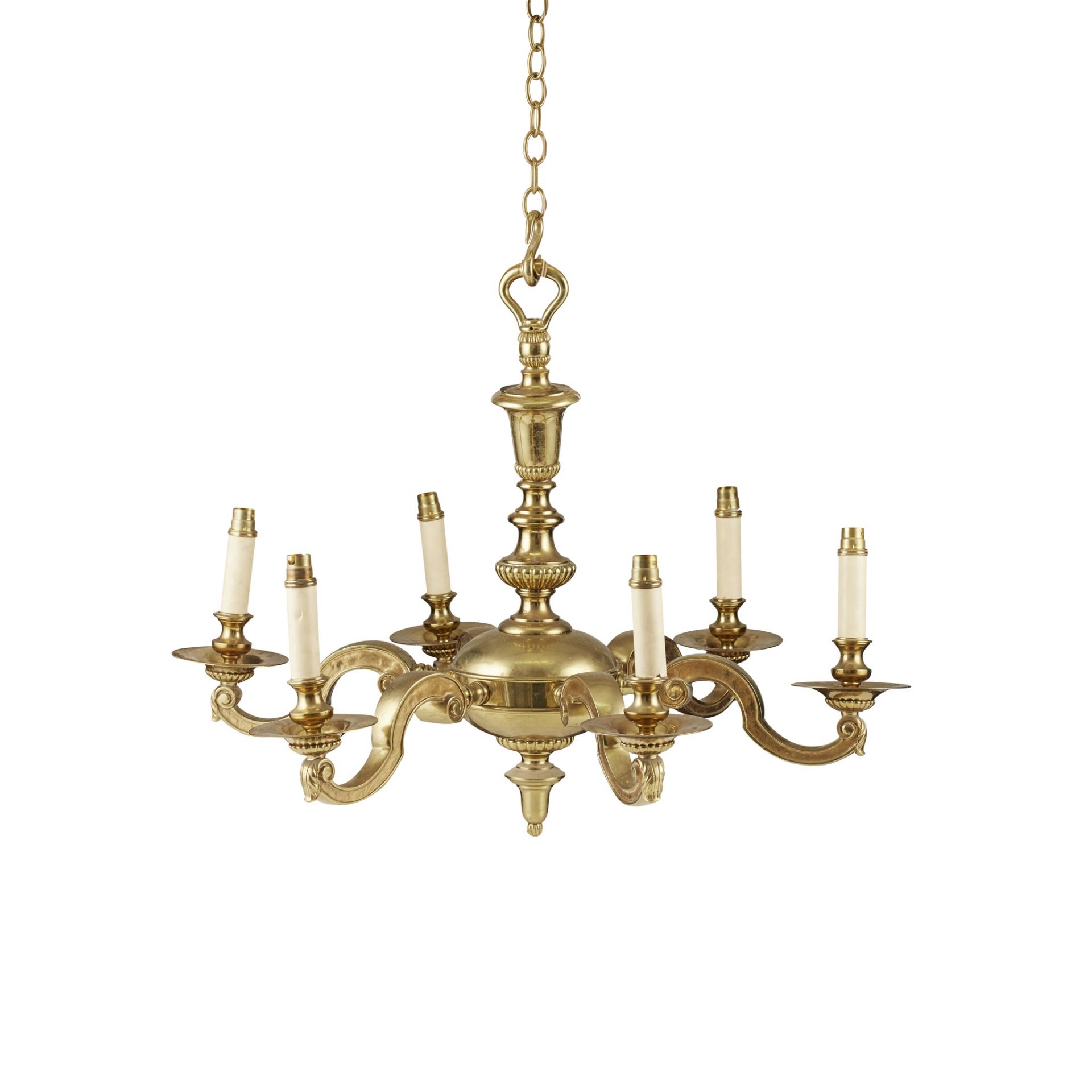 BRASS SIX LIGHT CHANDELIER 20TH CENTURY