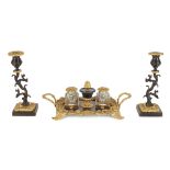 LATE REGENCY GILT AND PATINATED BRONZE INKSTAND AND CANDLESTICKS EARLY 19TH CENTURY