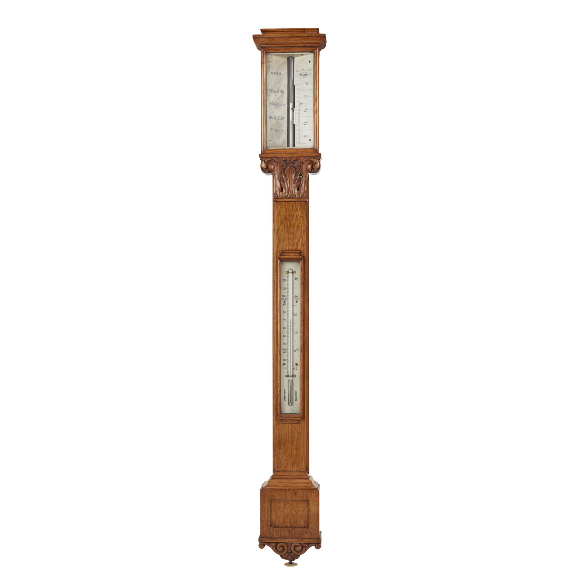 Y VICTORIAN OAK STICK BAROMETER, BY ADIE LONDON MID 19TH CENTURY