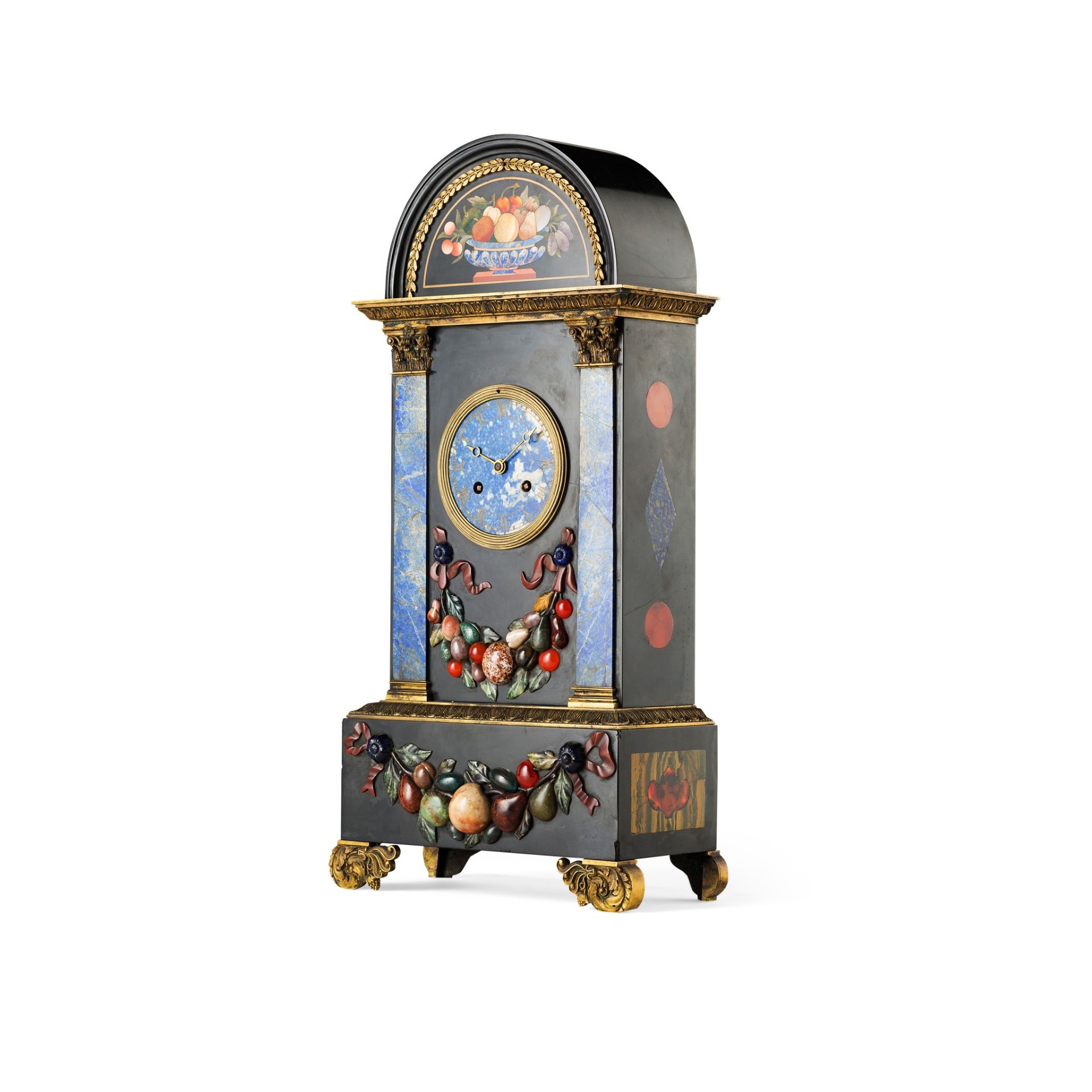 FRENCH FLORENTINE MARBLE AND PIETRA DURA MANTEL CLOCK, BY HUNZIKER, PARIS EARLY 19TH CENTURY - Image 3 of 3