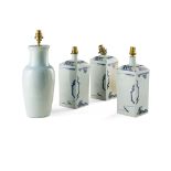 THREE CHINESE BLUE AND WHITE CERAMIC LAMPS MODERN