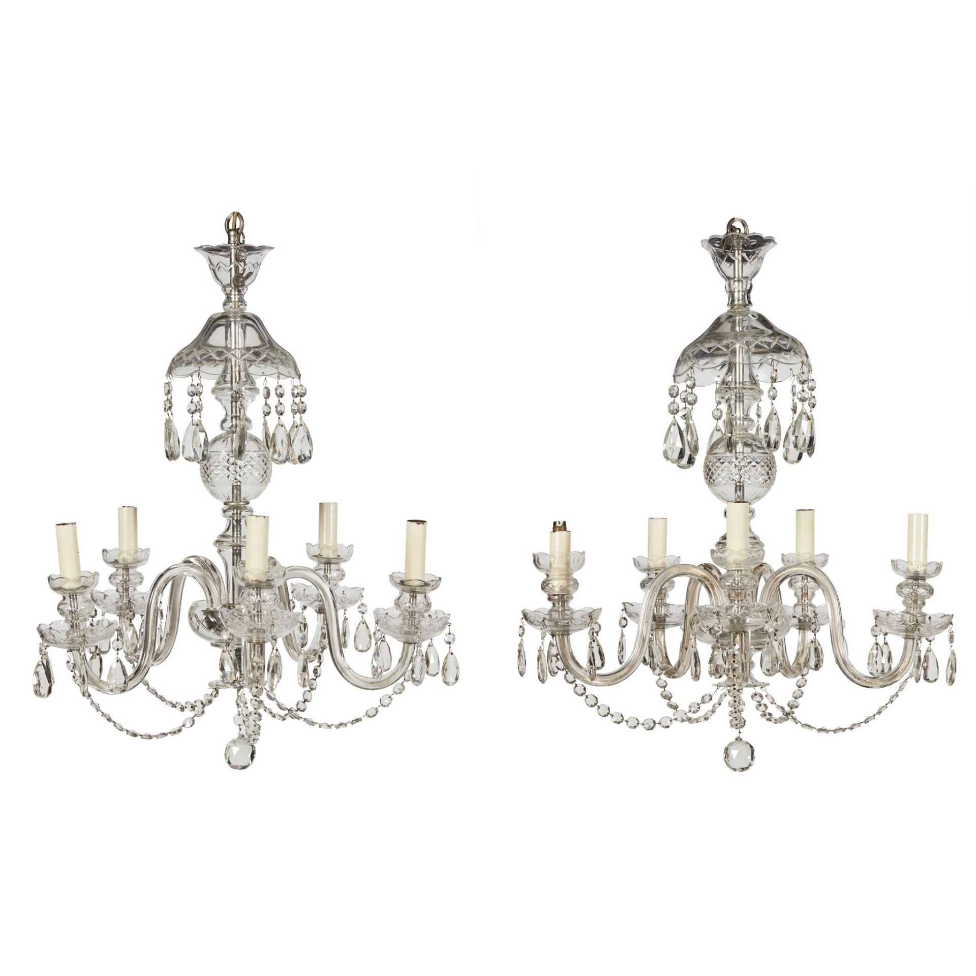 PAIR OF CUT GLASS SIX LIGHT CHANDELIERS