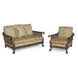 GEORGIAN STYLE MAHOGANY TWO PIECE BERGERE SUITE, ATTRIBUTED TO GILLOWS & WARING EARLY 20TH CENTURY