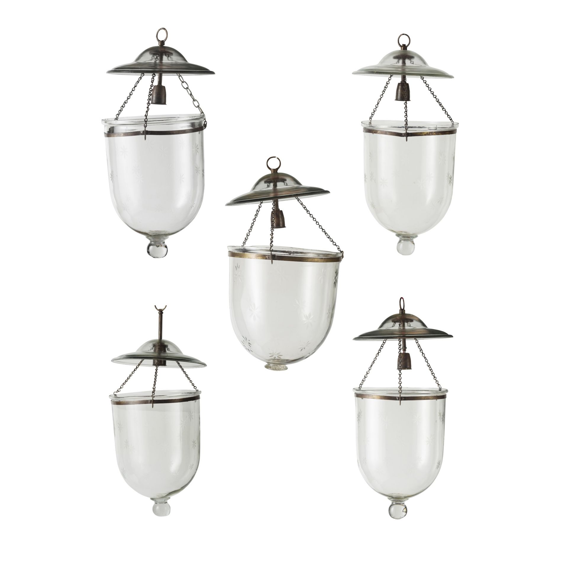 FIVE ENGRAVED-GLASS BELL JAR LANTERNS MODERN