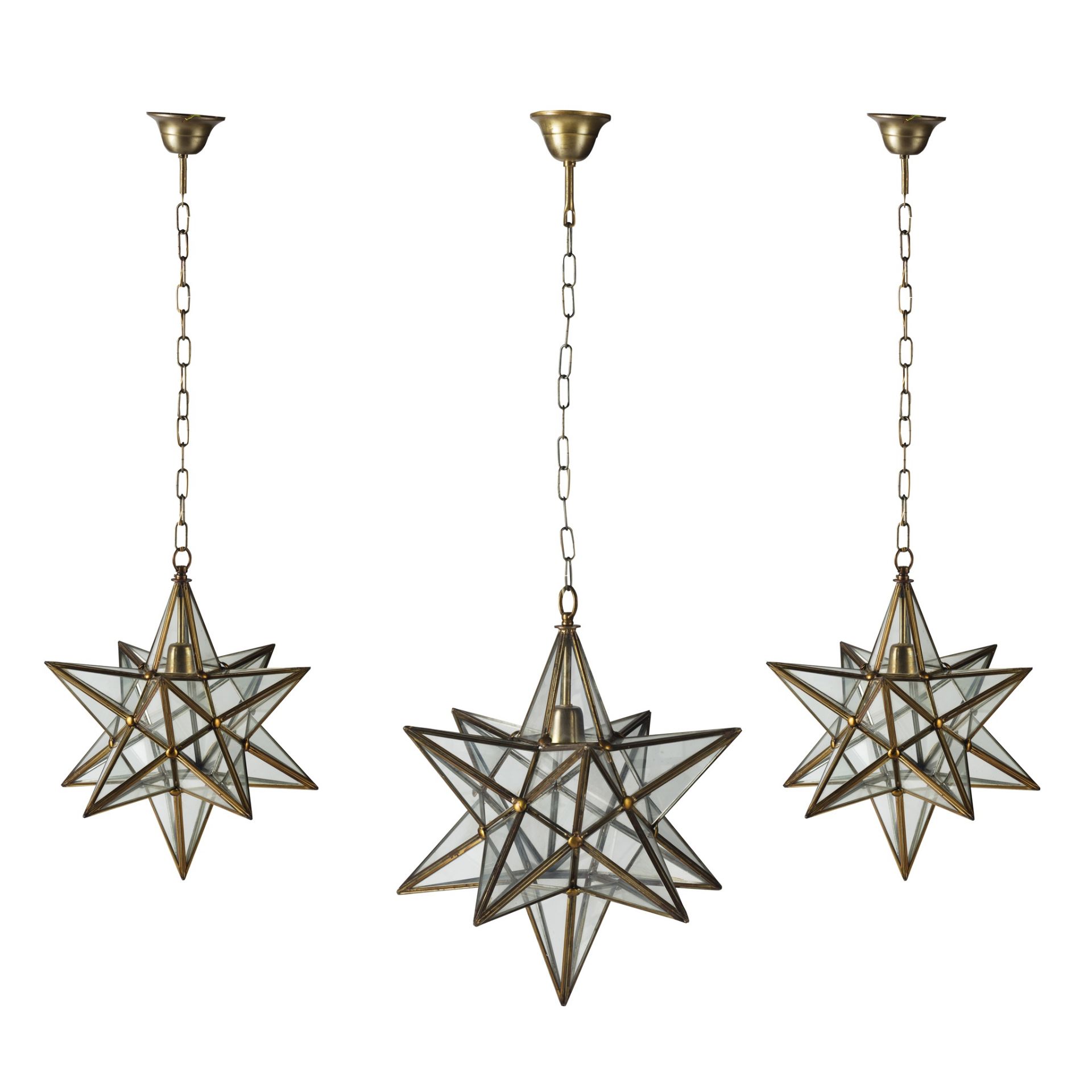 THREE STAR-SHAPED GLASS AND BRASS HANGING LIGHTS MODERN