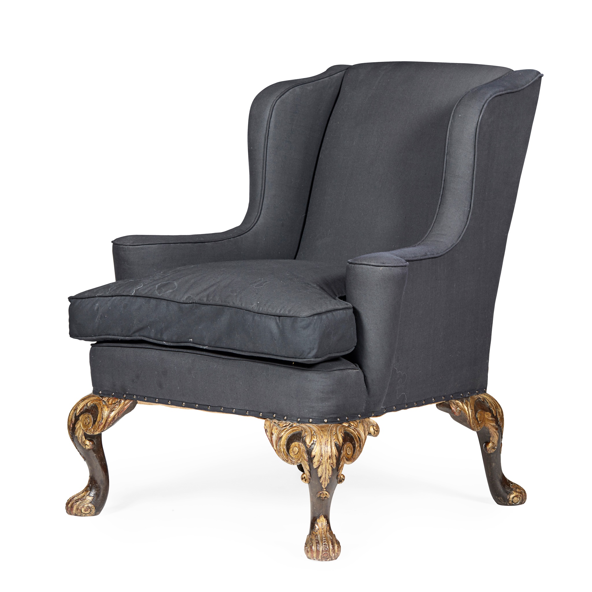 TWO GEORGE II STYLE EBONISED MAHOGANY AND PARCEL GILT WING ARMCHAIRS LATE 19TH/ EARLY 20TH CENTURY - Image 5 of 6