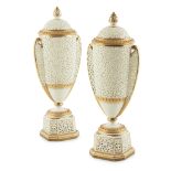 PAIR OF GRAINGER'S WORCESTER RETICULATED URNS LATE 19TH CENTURY