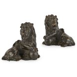 PAIR OF FRENCH PATINATED AND PARCEL-GILT BRONZE LIONS LATE 18TH/ EARLY 19TH CENTURY
