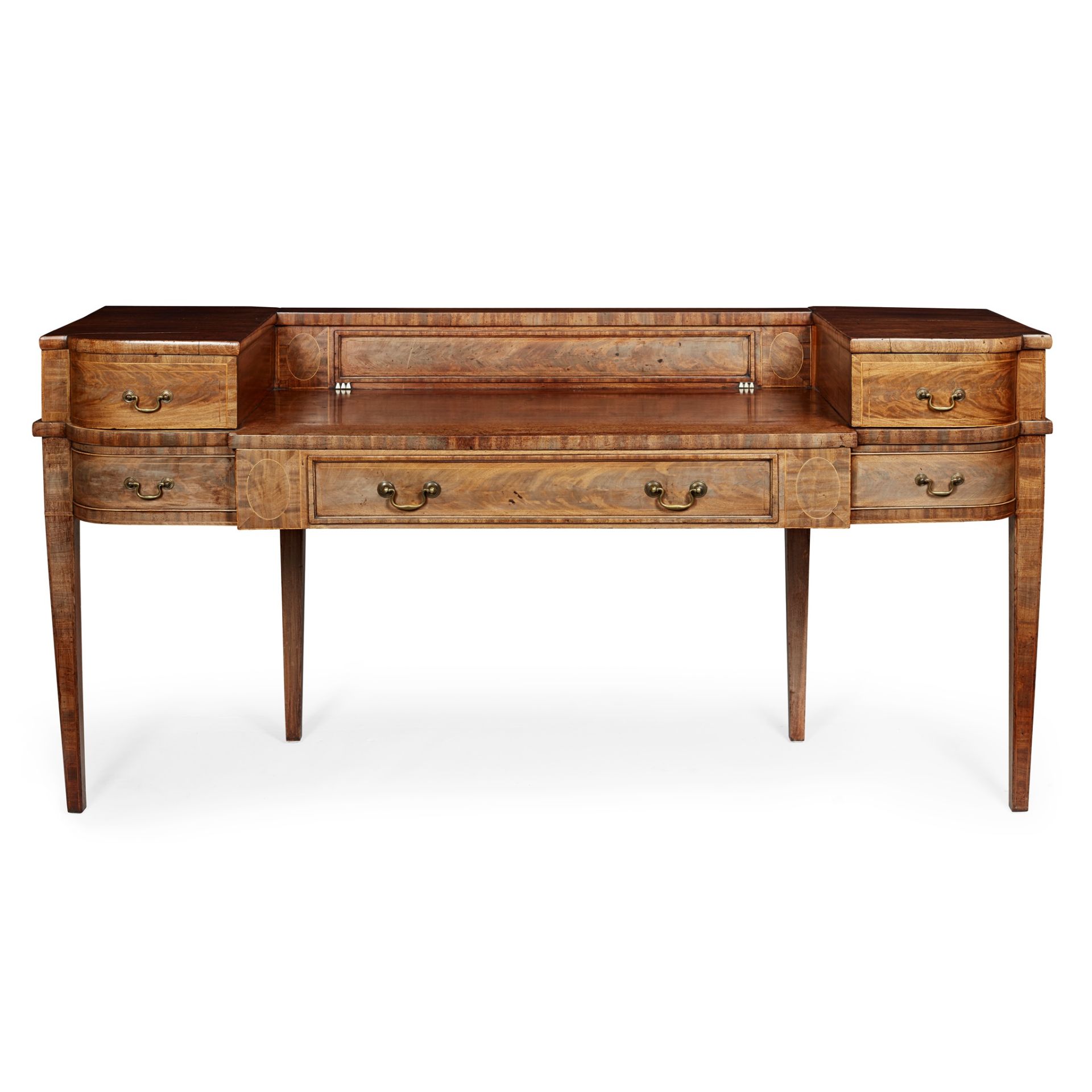 Y LATE GEORGE III MAHOGANY STAGEBACK SIDEBOARD EARLY 19TH CENTURY