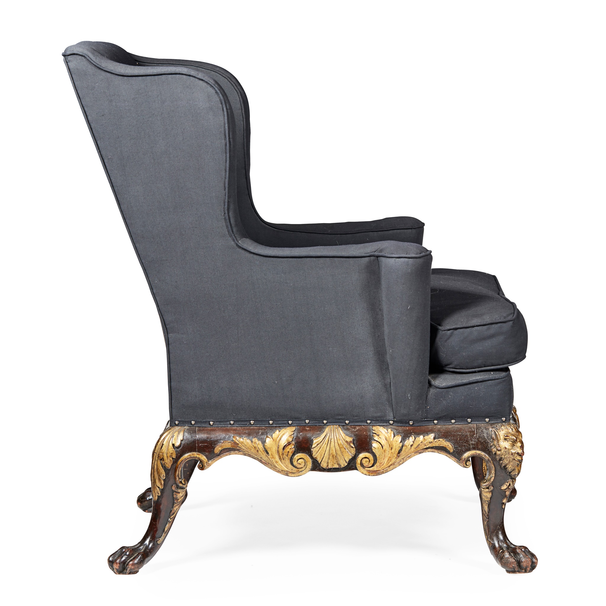 TWO GEORGE II STYLE EBONISED MAHOGANY AND PARCEL GILT WING ARMCHAIRS LATE 19TH/ EARLY 20TH CENTURY - Image 3 of 6