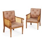 PAIR OF OAK AND LEATHER BERGERES MODERN