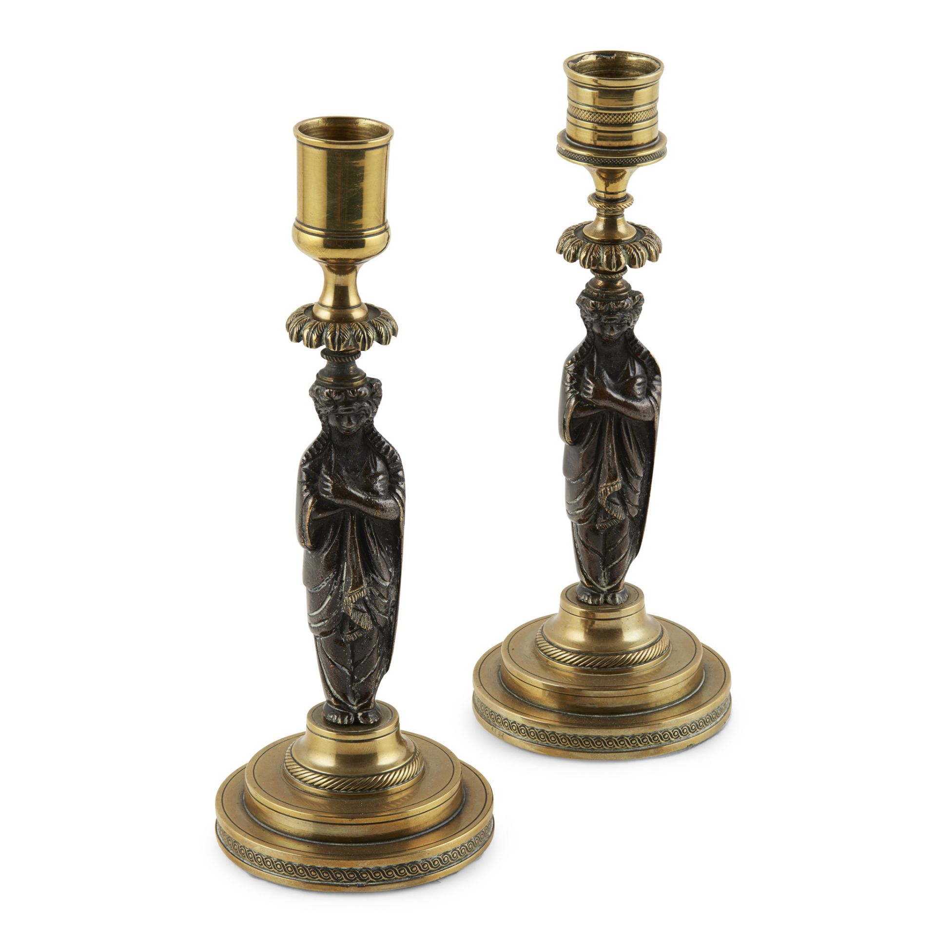 MATCHED PAIR OF FRENCH BRONZE AND BRASS FIGURAL CANDLESTICKS 19TH CENTURY