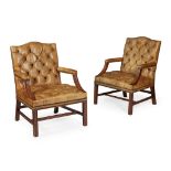 PAIR OF GEORGIAN STYLE LEATHER UPHOLSTERED MAHOGANY LIBRARY ARMCHAIRS 20TH CENTURY