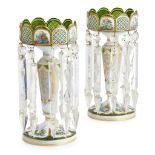 PAIR OF VICTORIAN WHITE OVER GREEN ENAMELLED GLASS LUSTRES 19TH CENTURY