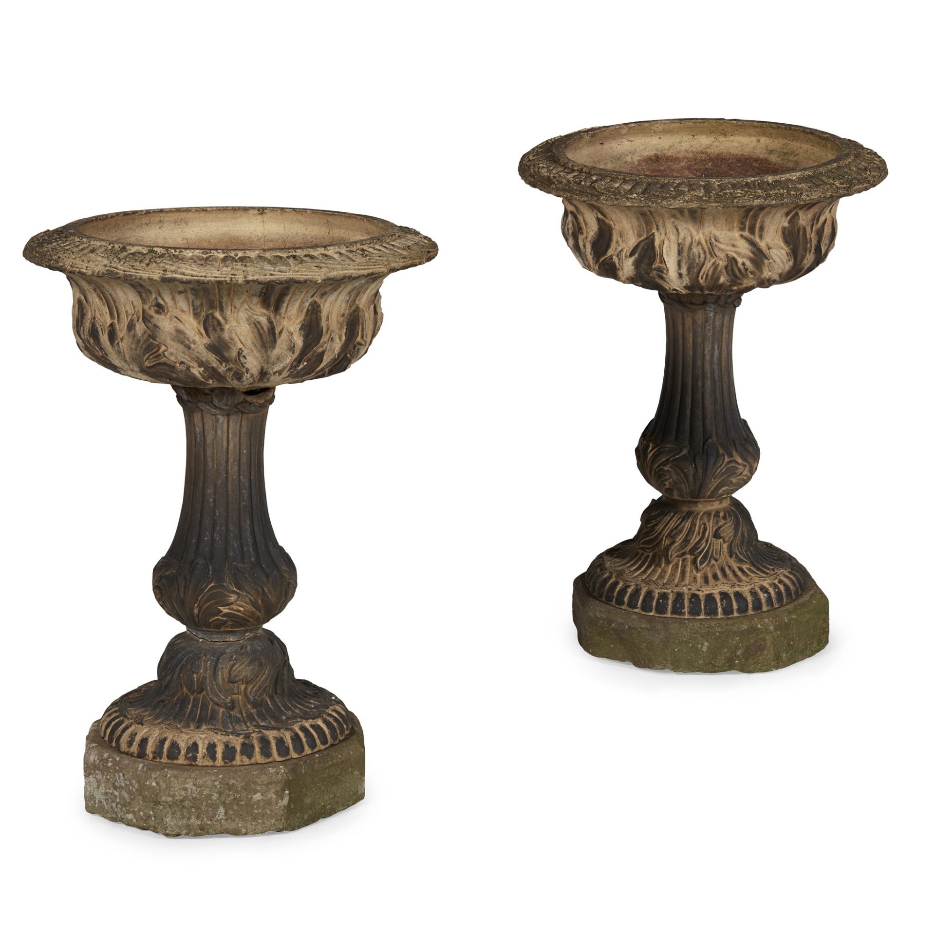 PAIR OF BLASHFIELD TYPE TERRACOTTA URNS AND STANDS 19TH CENTURY