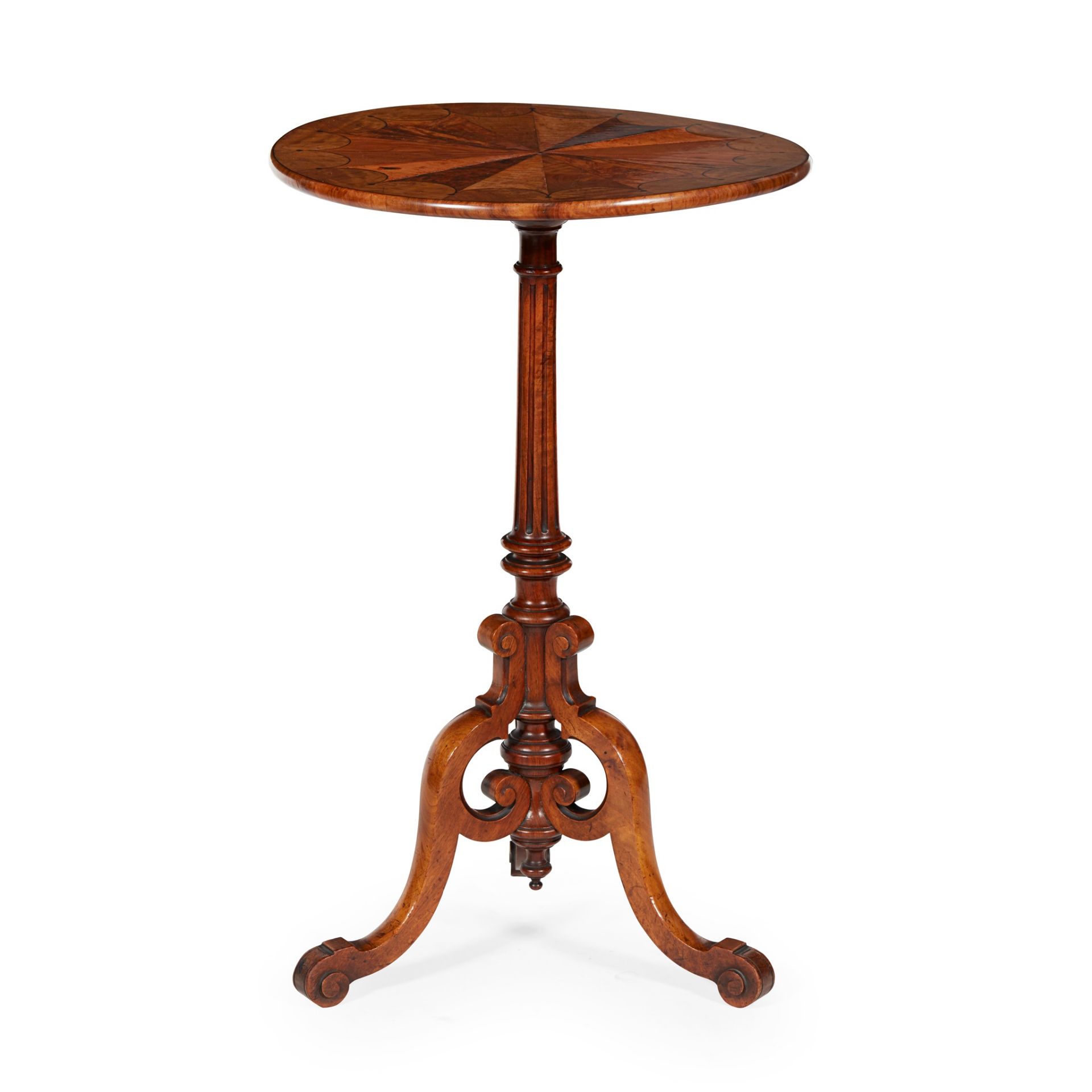 EARLY VICTORIAN WALNUT AND SPECIMEN WOOD LAMP TABLE MID 19TH CENTURY