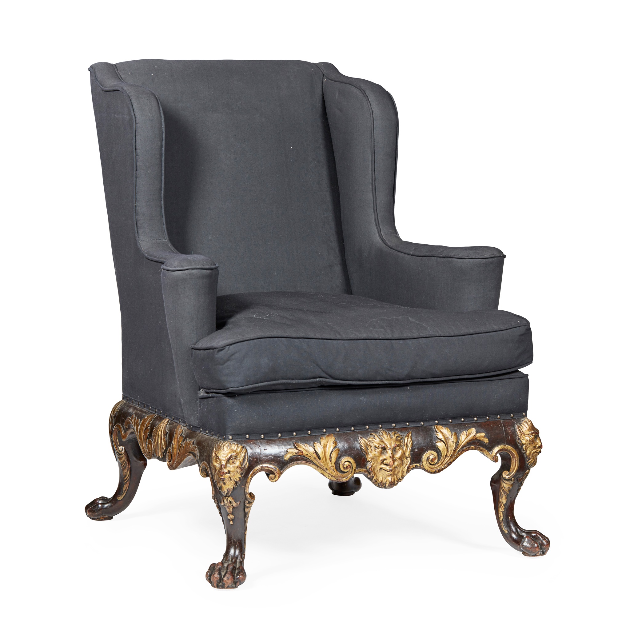TWO GEORGE II STYLE EBONISED MAHOGANY AND PARCEL GILT WING ARMCHAIRS LATE 19TH/ EARLY 20TH CENTURY - Image 6 of 6