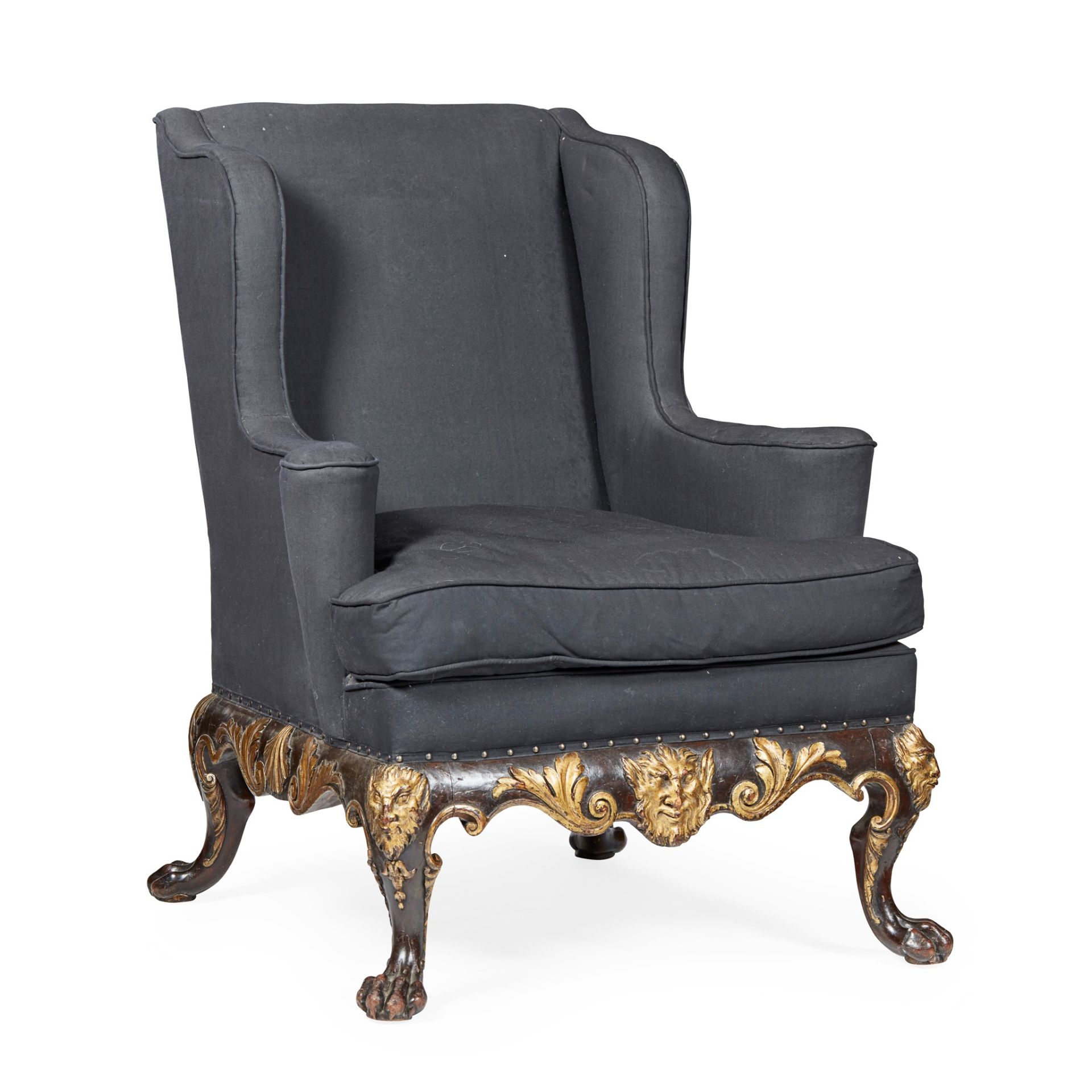 TWO GEORGE II STYLE EBONISED MAHOGANY AND PARCEL GILT WING ARMCHAIRS LATE 19TH/ EARLY 20TH CENTURY - Bild 6 aus 6