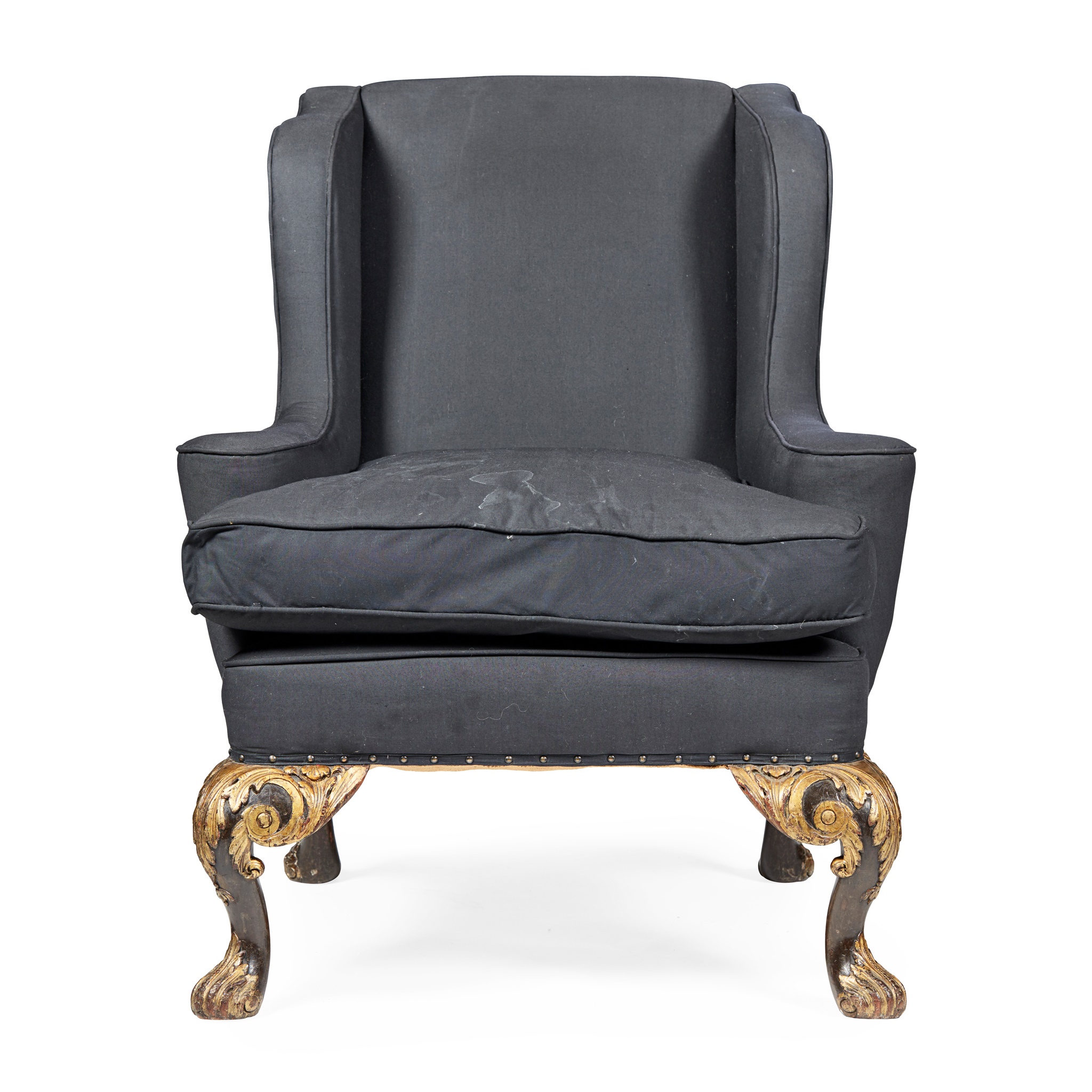 TWO GEORGE II STYLE EBONISED MAHOGANY AND PARCEL GILT WING ARMCHAIRS LATE 19TH/ EARLY 20TH CENTURY - Image 4 of 6