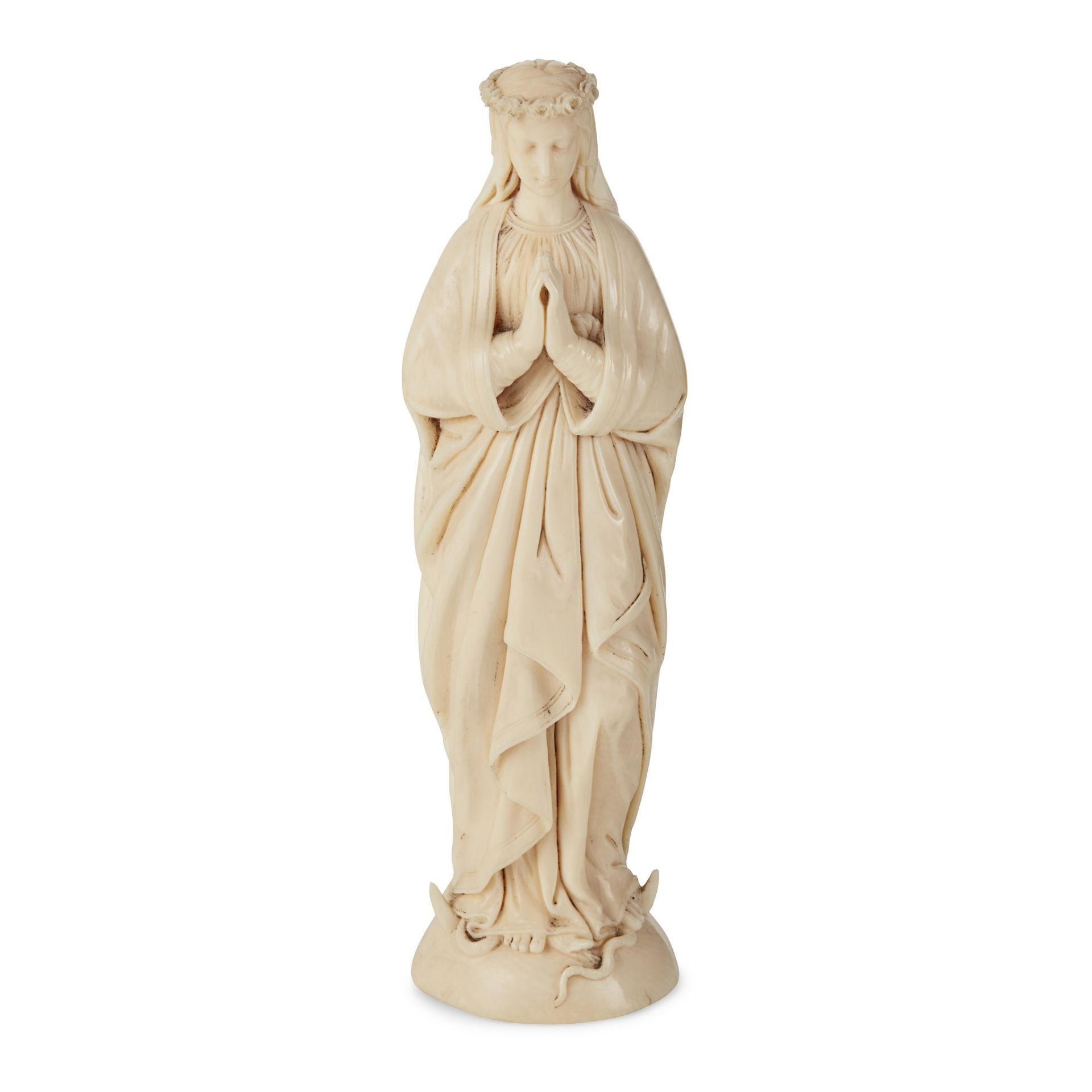 Y CARVED IVORY FIGURE OF THE VIRGIN AND THE SERPENT LATE 19TH/ EARLY 20TH CENTURY