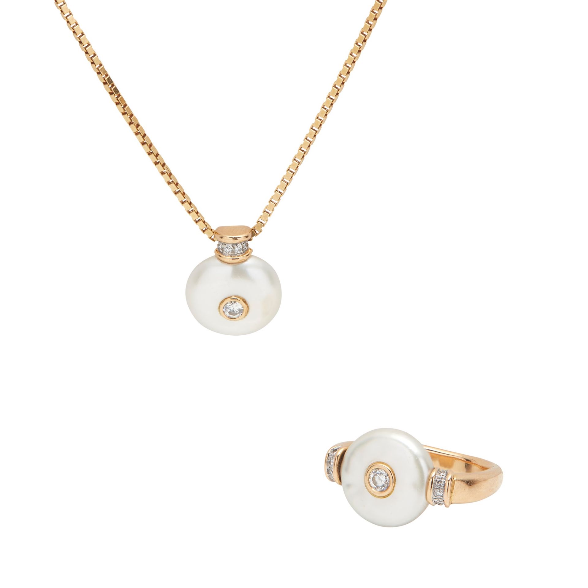 A pearl and diamond set pendant and ring