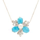 A turquoise, diamond and natural pearl set pendant