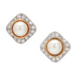 A pair of diamond and cultured pearl set earrings