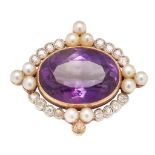 An amethyst, diamond and pearl set brooch