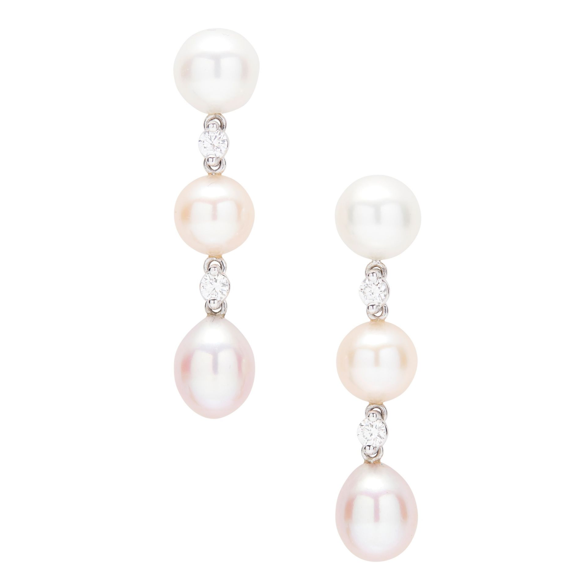 A pair of pearl and diamond set pendant earrings