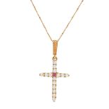A ruby and diamond set pendant cross