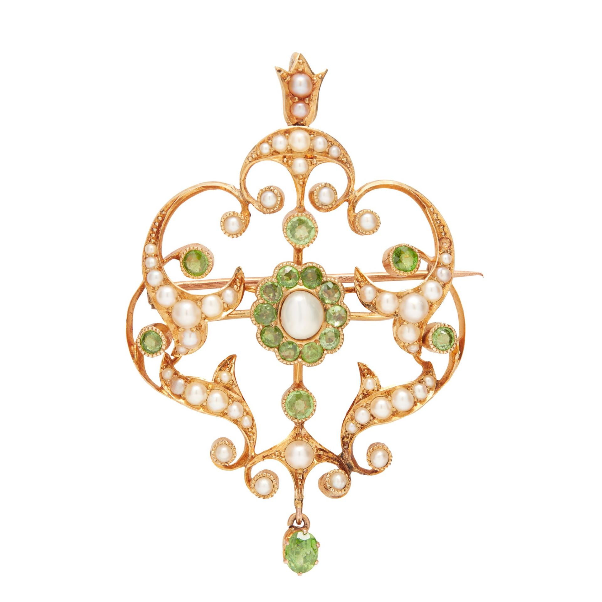 An early 20th century peridot and seed pearl set pendant