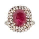 A Burmese ruby and diamond set cluster ring